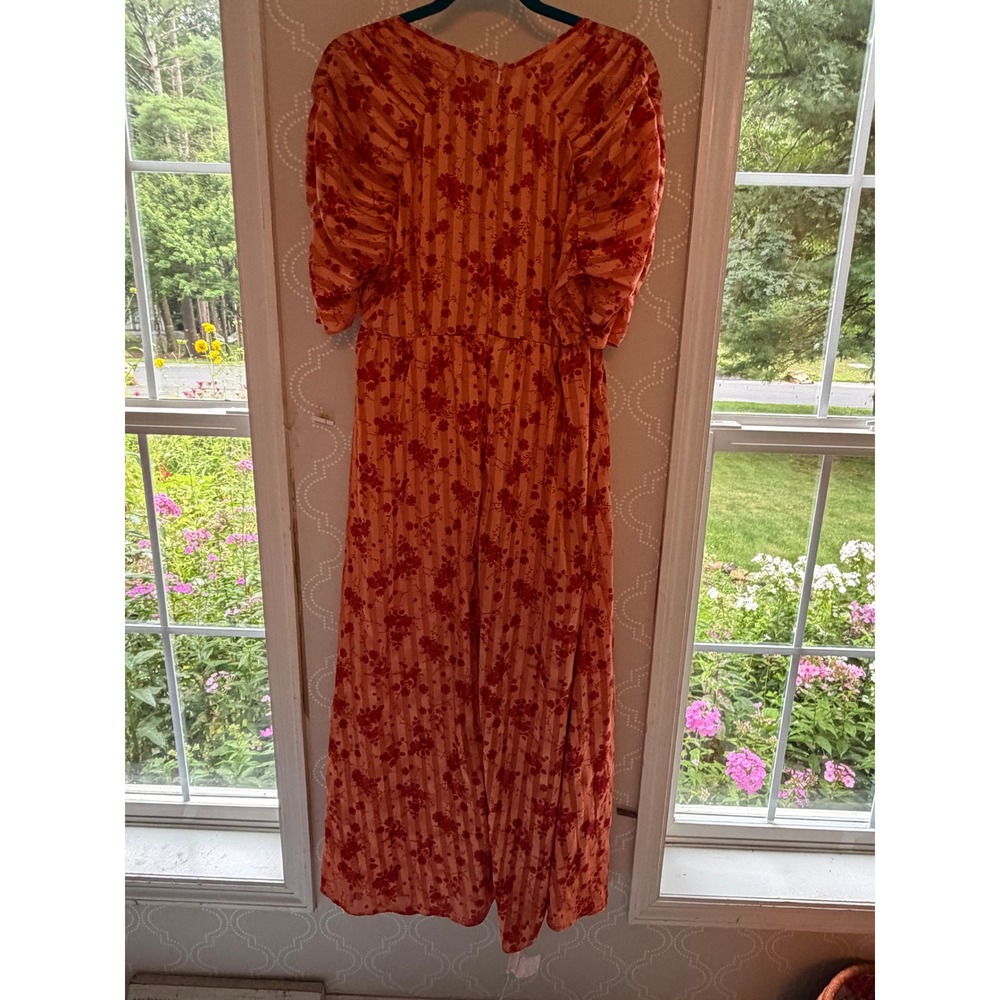 ASOS Maxi Dress Floral Burnout Stripe Puff Sleeve Orange Red Size 12 - Picture 3 of 8